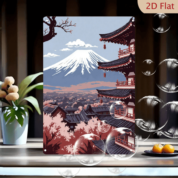 1pc Metal Wall Sign, 8x12 Inches, Japanese Mount Fuji Landscape with Pagoda and Cherry Blossoms, Vintage Travel Poster Style Art Decor for Home, Living