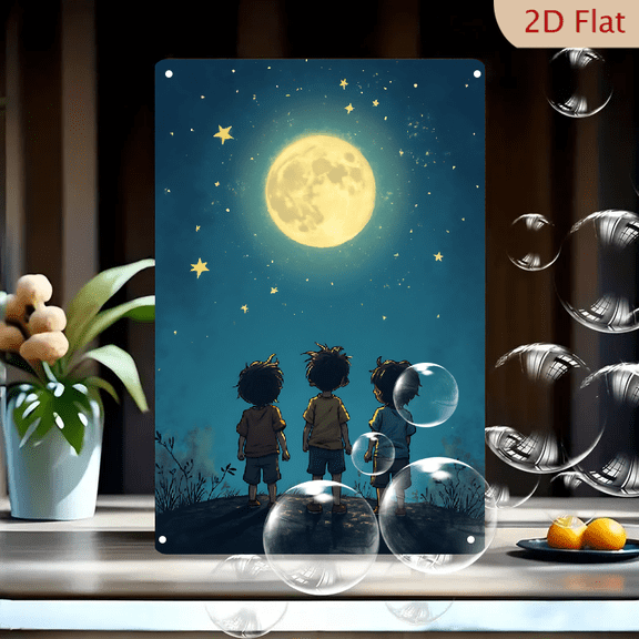 1pc Metal Wall Sign, 8x12 Inches, Kids Stargazing Under the Full Moon Decorative Sign, Perfect for Bedroom, Playroom, Outdoor, Porch, Home, Nursery, Kids' Decor, Inspirational Art