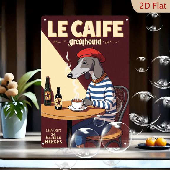 1pc Metal Wall Sign, 8x12 Inches, Le Caife Greyhound Coffee Shop Decor, Featuring a Stylish Greyhound in a Beret, Perfect for Home, Cafe, Bar