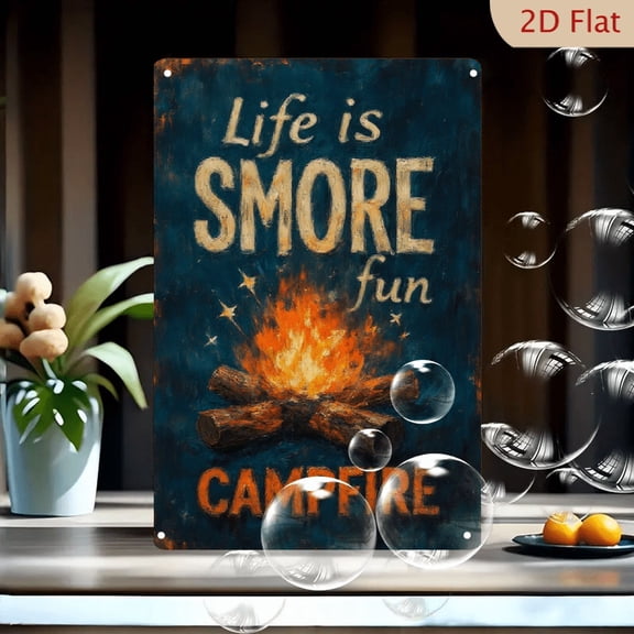 1pc Metal Wall Sign, 8x12 Inches, Life is S'more Fun Campfire Decorative Sign, Dark Blue Textured Background with Campfire Illustration, Distressed White &