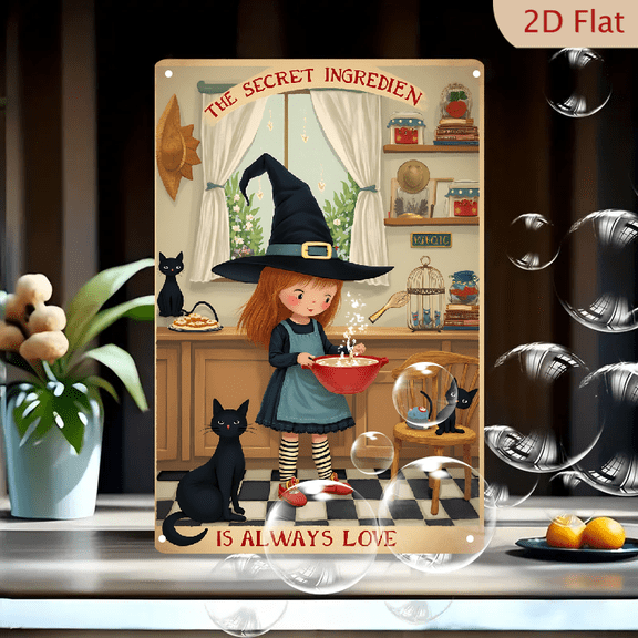 1pc Metal Wall Sign, 8x12 Inches, Magical Witch Cooking Sign, Featuring a Charming Young Witch in a Cozy Kitchen with Black Cats, Perfect for Halloween, Kitchen Decor, Home, Cafe
