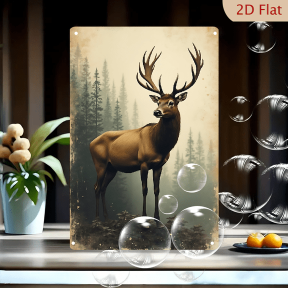 1pc Metal Wall Sign, 8x12 Inches, Majestic Elk Deer with Large Antlers in Misty Pine Forest Vintage Art Decorative Sign, Ideal for Cabin, Lodge, Home, Office, Man Cave, Hunting Room, Rustic Decor