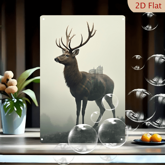 1pc Metal Wall Sign, 8x12 Inches, Majestic Woodland Stag with Enchanted Castle Forest Design, Misty Fantasy Landscape Tin Sign, Ideal for Christmas, Winter Holiday Decor, New Year's Gift