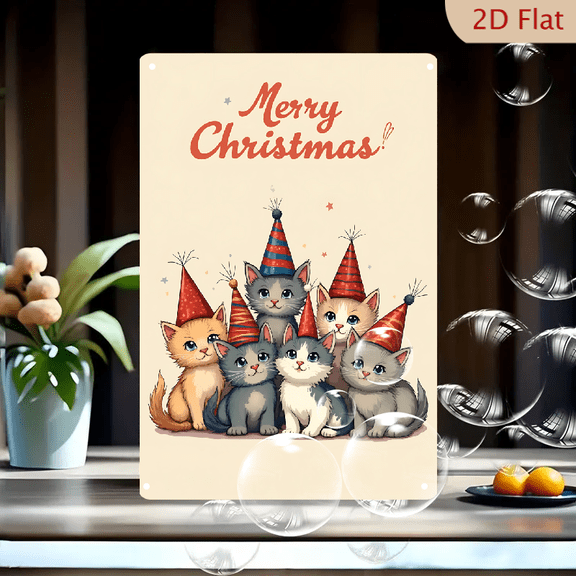 1pc Metal Wall Sign, 8x12 Inches, Merry Christmas Cute Kittens in Festive Party Hats Decor, Adorable Cartoon Cats Holiday Art Tin Poster, Ideal for Christmas Home Wall Decor, Living Room, Kids Room