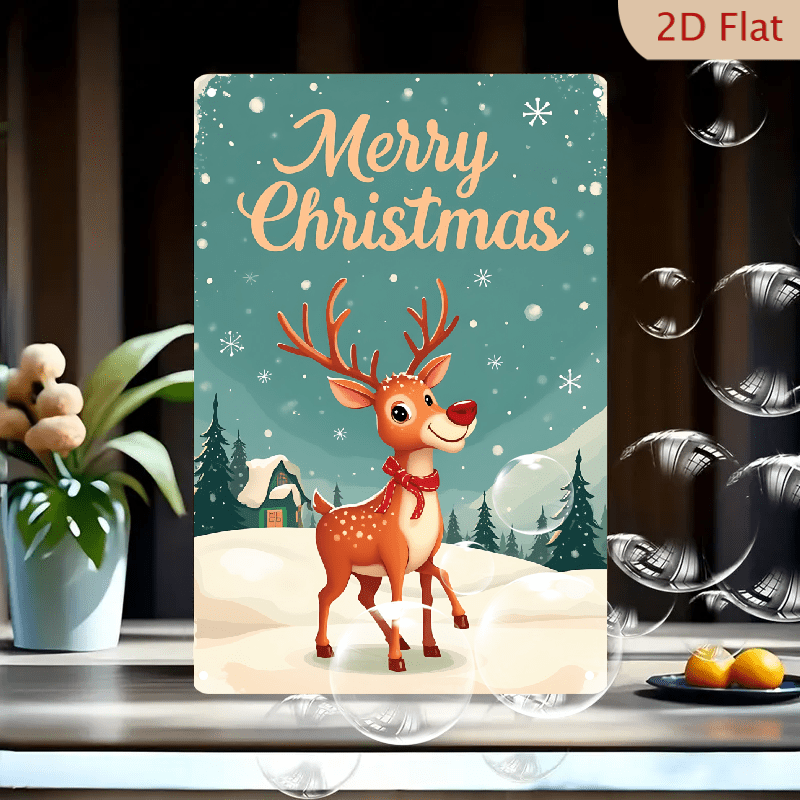 1pc Metal Wall Sign, 8x12 Inches, Merry Christmas Cute Reindeer Tin ...