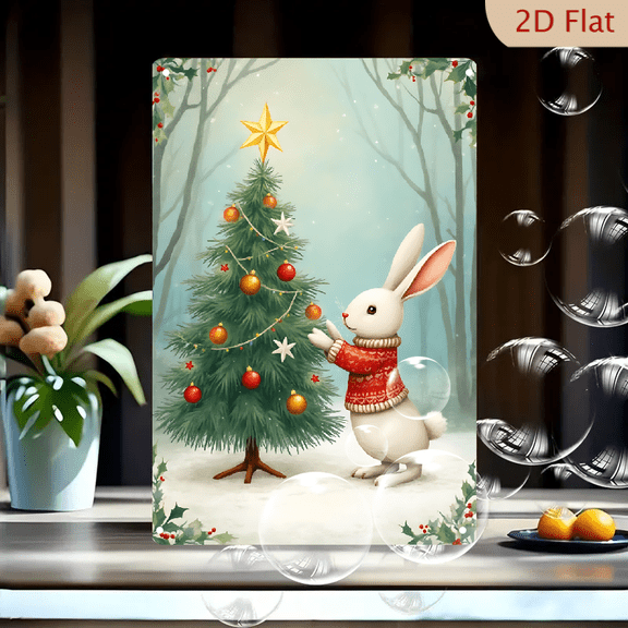 1pc Metal Wall Sign, 8x12 Inches, Merry Christmas Cute White Rabbit Decorating Tree Holiday Sign, Festive Bunny in Red Sweater Winter Wonderland Decor, Ideal for Home, Living Room, Bedroom
