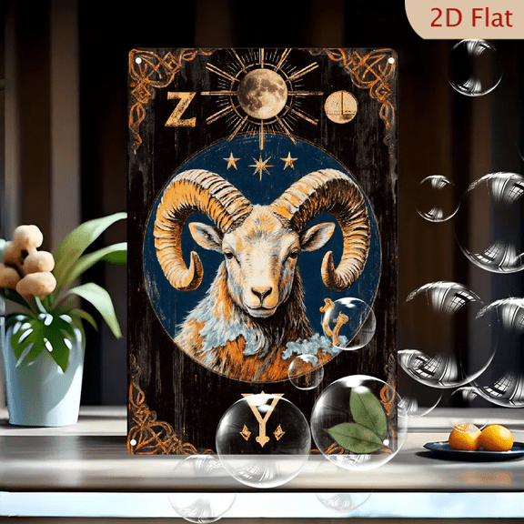 1pc Metal Wall Sign, 8x12 Inches, Mystical Ram Head Zodiac Aries Tarot Art Decorative Sign, Celestial Moon Stars Sun Design, Ancient Alchemy Symbol, Ideal for Home,