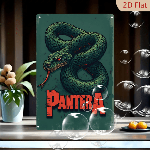 1pc Metal Wall Sign, 8x12 Inches, Pantera Heavy Metal Band Green Coiled Snake with Red Eyes Vintage Logo Art, Ideal for Music Room, Man Cave, Garage, Bar, Studio, Home Wall Decor, Retro Tin Plaque,