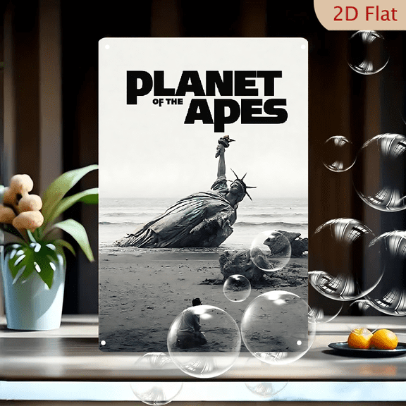 1pc Metal Wall Sign, 8x12 Inches, Planet of the Apes Movie Poster Decorative Tin Sign, Iconic Ruined Statue of Liberty Beach Scene, Classic Sci-Fi Film Art, Ideal for Home, Bar, Garage, Man Cave,