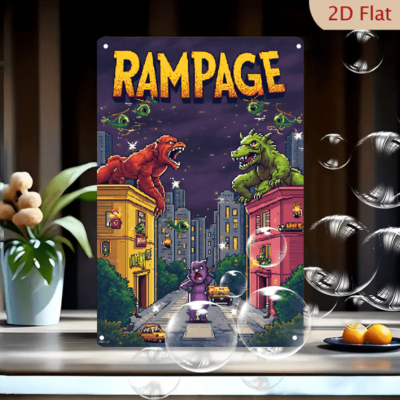 1pc Metal Wall Sign, 8x12 Inches, Rampage Retro Arcade Game Poster, Vintage Pixel Art Monster City Destruction Tin Sign, Classic Gaming Wall Decor, Ideal for Game Room, Man Cave, Bar, Cafe, Home,