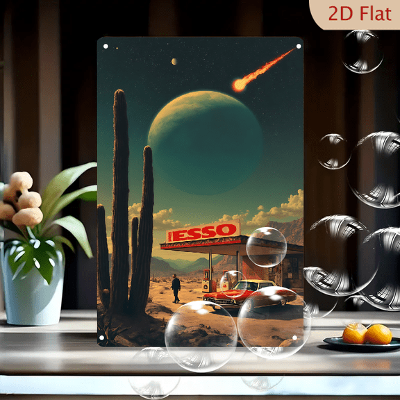 1pc Metal Wall Sign, 8x12 Inches, Retro Gas Station Decor, Featuring a Classic Red Car and Dramatic Planetary Background, Ideal for Home, Garage, Cafe, Bar, and Vintage-Themed Decor