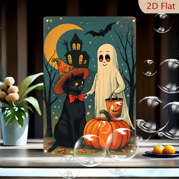 1pc Metal Wall Sign, 8x12 Inches, Retro Halloween Black Cat and Ghost with Pumpkin Decor, Vintage Spooky Night Scene Art, Perfect for Porch, Garage, Man Cave, Home Bar