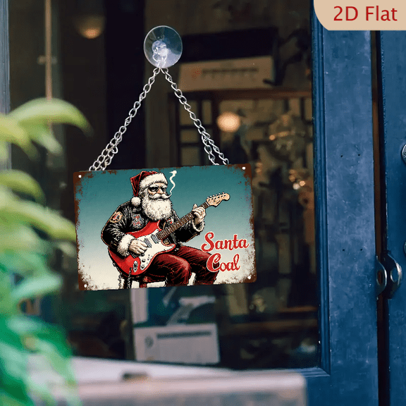 1pc Metal Wall Sign, 8x12 Inches, Rocker Santa Playing Guitar Decorative Sign, Vintage Retro Distressed Santa Coal Art, Ideal for Outdoor, Porch, Garage, Home, Man Cave, Bar, Garden