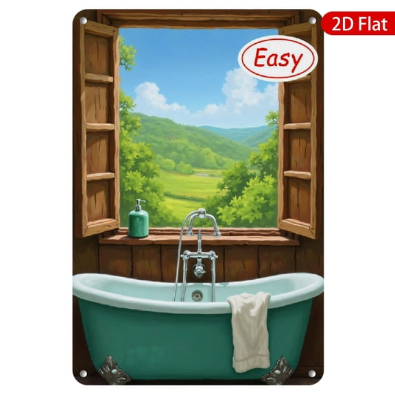 1pc Metal Wall Sign, 8x12 Inches, Rustic Bathroom Decor, Features Vintage Bathtub with Scenic Window View, Rustproof & UV Protected, Perfect for Home, Spa, Salon, or Studio Decoration, Easy to Hang