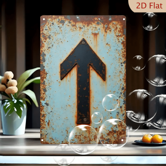 1pc Metal Wall Sign, 8x12 Inches, Rustic Distressed Blue Background with Rusty Black Up Arrow, Vintage Industrial Style Tin Plaque, Ideal for Garage, Man Cave, Bar, Cafe