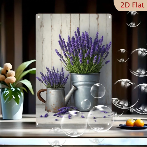 1pc Metal Wall Sign, 8x12 Inches, Rustic Lavender Flowers in Galvanized Pots, Farmhouse Botanical Art Tin Painting, Ideal for Spring & Summer Home Decor, Kitchen, Living Room, Bathroom, Garden,