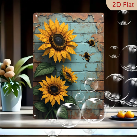 1pc Metal Wall Sign, 8x12 Inches, Rustic Sunflower and Busy Bees Decorative Tin Sign, Vibrant Yellow Sunflowers with Green Leaves on Distressed Blue Brick Wall Background
