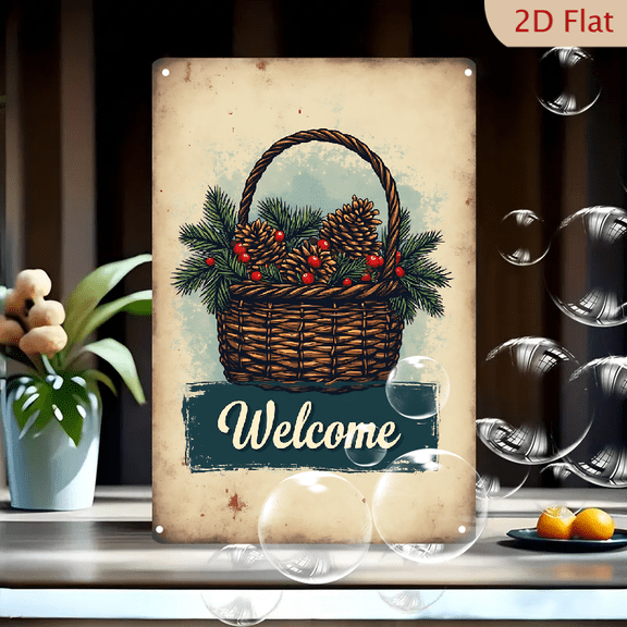 1pc Metal Wall Sign, 8x12 Inches, Rustic Welcome Basket with Pine Cones, Red Berries & Evergreen, Christmas Winter Holiday Decor, Ideal for Front Door, Porch, Entryway, Home, Farmhouse, Cabin, Lodge