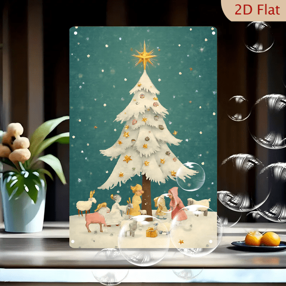 1pc Metal Wall Sign, 8x12 Inches, Scene Decorative Sign, Featuring a White Christmas Tree with Star and Adorable Shepherds and Sheep, Perfect for Holiday Decor, Seasonal Wall