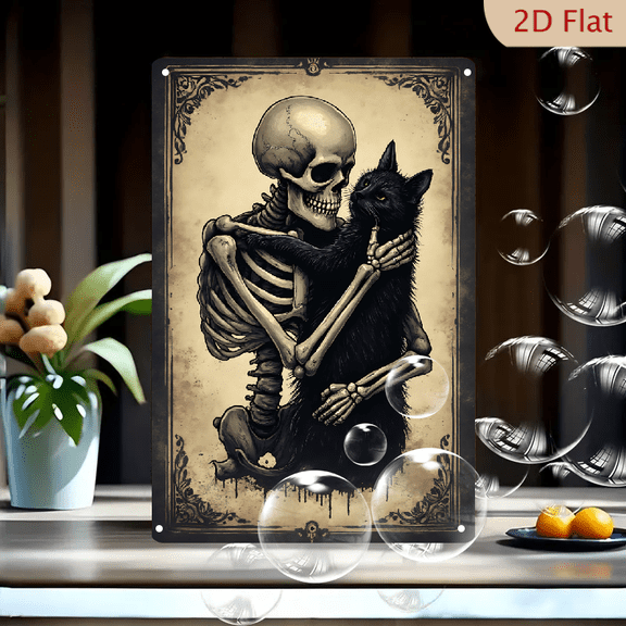 1pc Metal Wall Sign, 8x12 Inches, Skeleton Embracing Black Cat Decorative Sign, Perfect for Halloween Decor, Indoor or Outdoor Use, Bar, Cafe, Home, Porch, or Garden Decoration