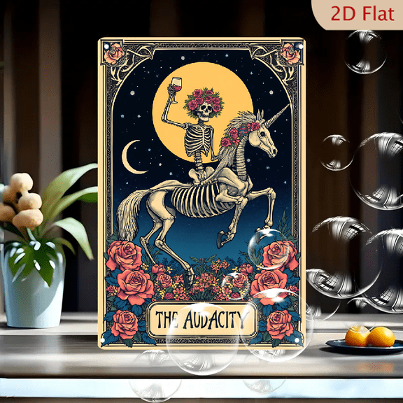 1pc Metal Wall Sign, 8x12 Inches, Skeleton Riding Unicorn Decorative Sign, Perfect for Halloween and Day of the Dead Decor, Features Colorful Floral Elements, Ideal for Home, Cafe, Bar