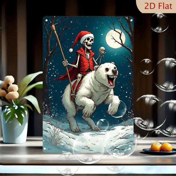 1pc Metal Wall Sign, 8x12 Inches, Skeleton Santa Riding Grinning Polar Bear Winter Scene Decorative Sign, Gothic Christmas Holiday Decorations, Ideal for Outdoor, Porch, Garage, Home