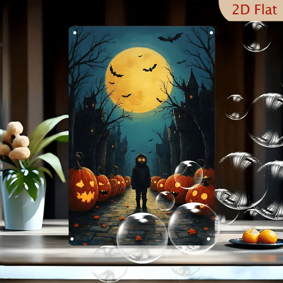 1pc Metal Wall Sign, 8x12 Inches, Spooky Pumpkin Pathway Decorative Sign, Perfect for Halloween Decor, Featuring a Mysterious Child with Jack-o'-Lanterns Under a Full Moon