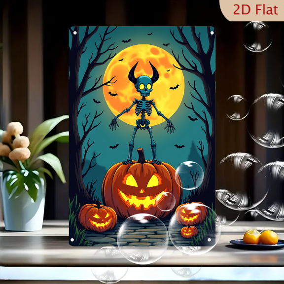 1pc Metal Wall Sign, 8x12 Inches, Spooky Skeleton on Jack-o'-Lanterns Decorative Sign, Perfect for Halloween Decor, Ideal for Home, Garden, Cafe, Bar, Garage, Porch, Holiday