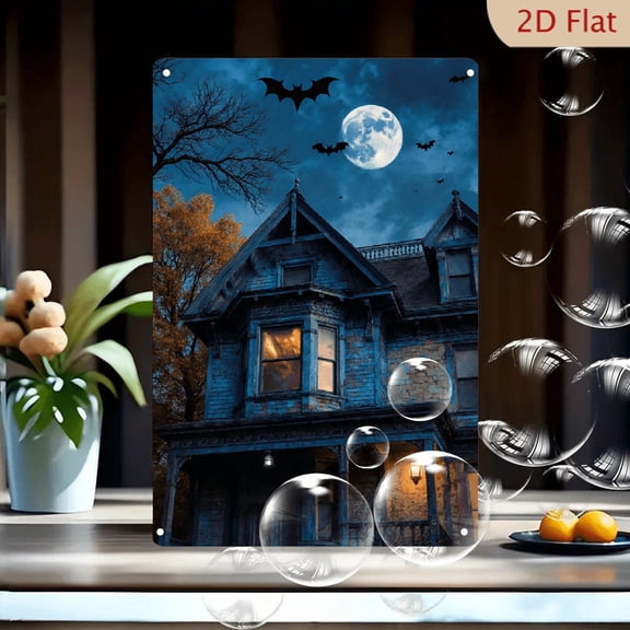 1pc Metal Wall Sign, 8x12 Inches, Spooky Victorian House Halloween Decor, Gothic Horror Night Sky Bat Moon Art Print for Home Porch Garden