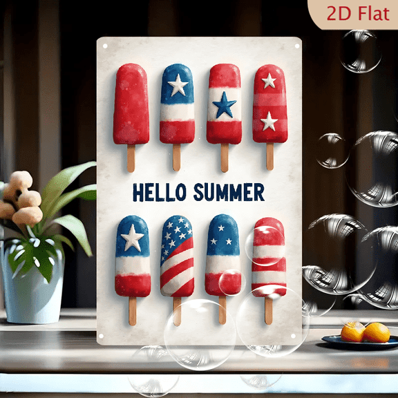 1pc Metal Wall Sign, 8x12 Inches, Summer Popsicle Ice Cream Decorative Sign, Featuring Vibrant Red, White, and Blue Colors with Star Designs, Perfect for Outdoor