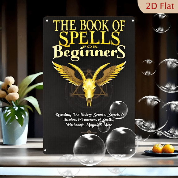 1pc Metal Wall Sign, 8x12 Inches, The Book of Spells for Beginners Decorative Sign, Perfect for Witchcraft Decor, Home, Cafe, Bar, Magical Studio