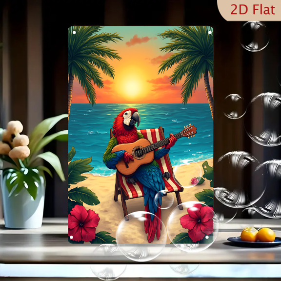 1pc Metal Wall Sign, 8x12 Inches, Tropical Parrot Playing Guitar on Sunset Beach Decorative Sign, Relaxing Macaw Musician Art, Summer Vacation Theme, Ideal for Outdoor, Porch, Patio, Tiki Bar, Beach