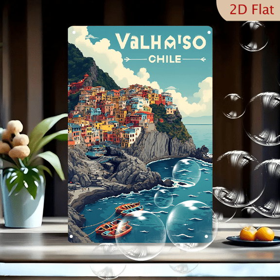 1pc Metal Wall Sign, 8x12 Inches, Valparaso Chile Colorful Coastal City Travel Poster, Vibrant Seascape Art Decor, Ideal for Home, Living Room, Office