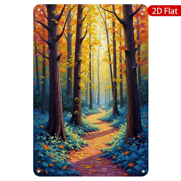 1pc Metal Wall Sign, 8x12 Inches, Vibrant Autumn Forest Path Design, Rustproof & UV Protected, Perfect for Indoor and Outdoor Use, Ideal for Home, Office, Café, Garden Decor, Nature-Inspired Wall Art