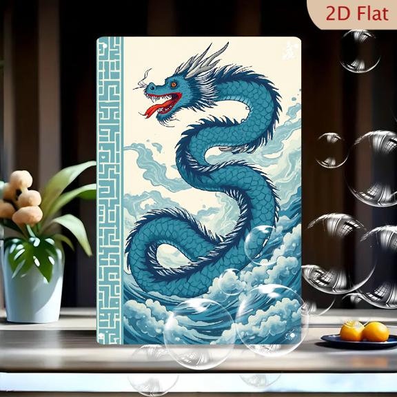 1pc Metal Wall Sign, 8x12 Inches, Vibrant Azure Blue Chinese Dragon & Ocean Waves Art, Mythical Oriental Water Dragon Tin Sign, Auspicious Lunar