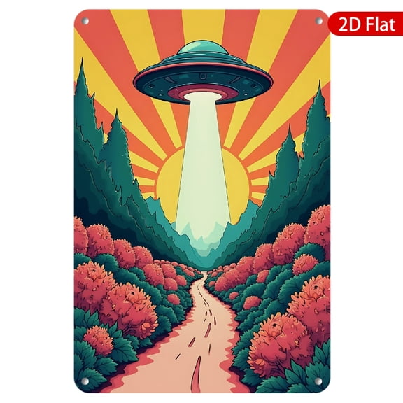1pc Metal Wall Sign, 8x12 Inches, Vibrant UFO in Sunset Landscape Design, Rustproof & UV Protected, Perfect for Home, Office, Garage, Cafe, Bar, Retro and Sci-Fi Decor, Decorative Signs and Plaques