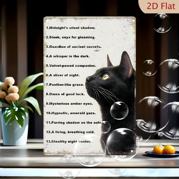 1pc Metal Wall Sign, 8x12 Inches, Vintage Black Cat Art Decorative Tin Sign featuring 'Midnight's Silent Shadow' & 'Omen of Good Luck' Phrases, Mysterious Amber Eyes Feline Portrait Plaque, Ideal for