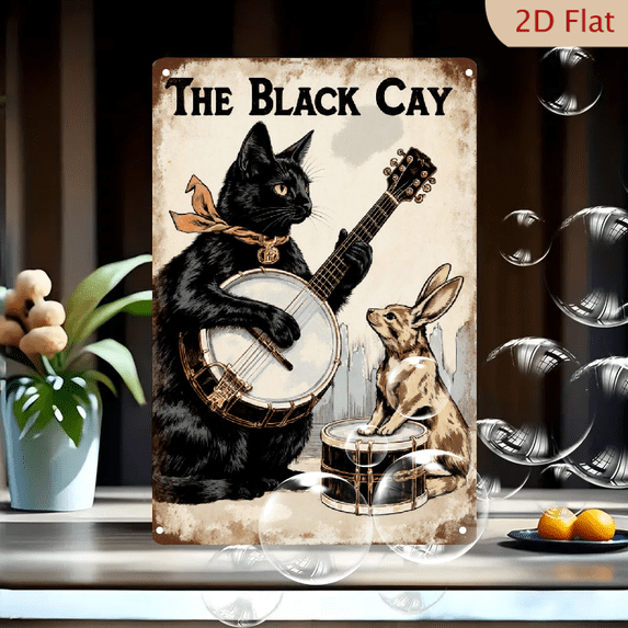1pc Metal Wall Sign, 8x12 Inches, Vintage Black Cat and Rabbit Band Duo ...