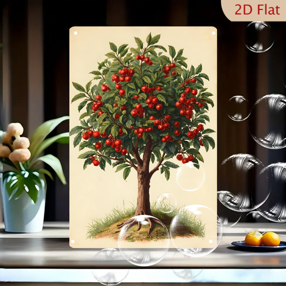1pc Metal Wall Sign, 8x12 Inches, Vintage Botanical Cherry Tree Art Print, Ripe Red Fruit Garden Decorative Sign, Ideal for Outdoor, Patio, Garden, Porch, Farmhouse, Kitchen, Home, Cafe, Bar Decor,