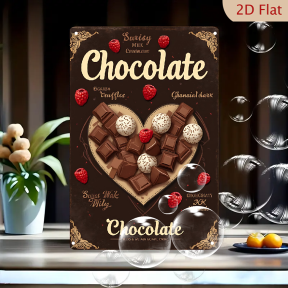 1pc Metal Wall Sign, 8x12 Inches, Vintage Chocolate Raspberry Heart Art Print, Delicious Gourmet Chocolate Bars & Creamy Truffles Retro Dessert Decor, Ideal for Valentine's Day, Kitchen, Cafe,