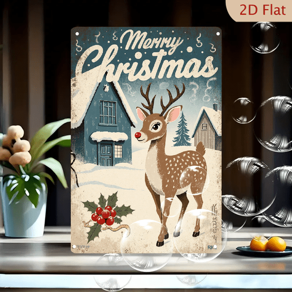 1pc Metal Wall Sign, 8x12 Inches, Vintage Christmas Deer with Holly and Snowy Village Scene Decorative Sign, Mid-Century Aesthetic Holiday Art for Home, Living Room, Kitchen