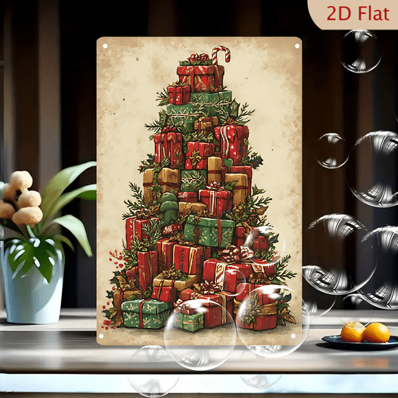 1pc Metal Wall Sign, 8x12 Inches, Vintage Christmas Gift Pile Decorative Sign, Stacked Presents Holiday Decor, Ideal for Christmas, Winter Season, Home, Living Room, Bedroom, Kitchen, Office,