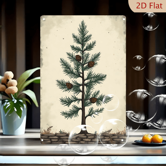 1pc Metal Wall Sign, 8x12 Inches, Vintage Christmas Pine Tree with Pinecones Design, Rustic Winter Holiday Evergreen Botanical Art Decor, Ideal for Farmhouse, Cabin, Home, Living Room, Porch, Garden