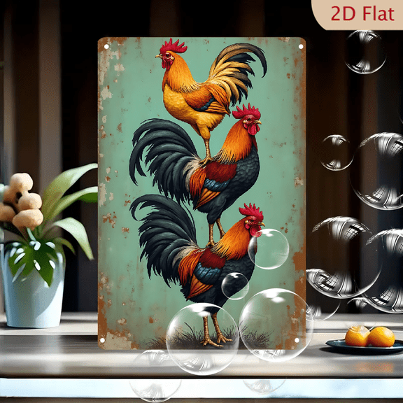 1pc Metal Wall Sign, 8x12 Inches, Vintage Farmhouse Three Stacked Roosters Chicken Art Decorative Tin Sign, Ideal for Outdoor, Porch, Garage, Home, Kitchen