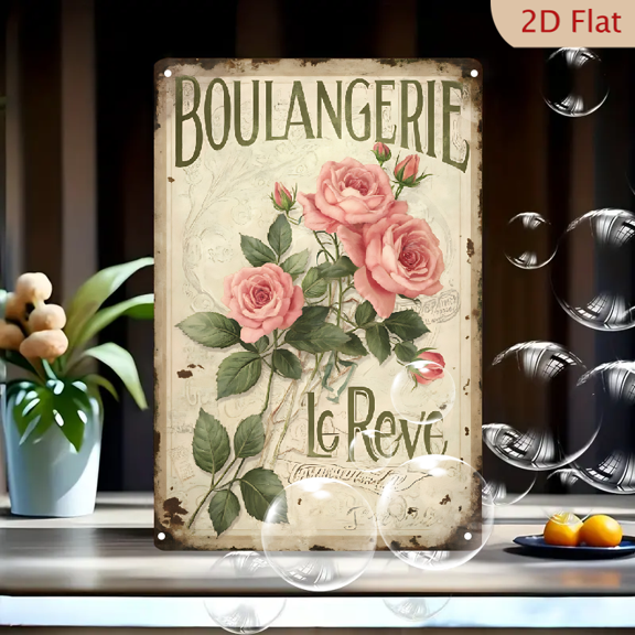 1pc Metal Wall Sign, 8x12 Inches, Vintage French Boulangerie Le Reve Pink Roses Decorative Tin Sign, Rustic Shabby Chic Parisian Bakery Floral Wall Art