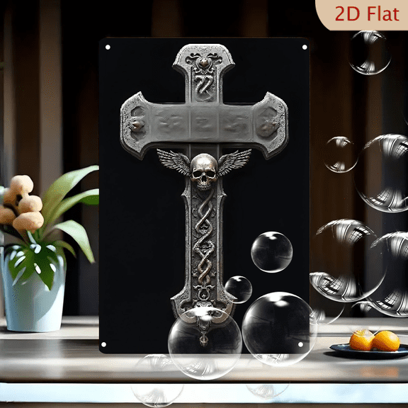 1pc Metal Wall Sign, 8x12 Inches, Vintage Gothic Cross with Winged Skull & Serpent Motif Art, Spooky Halloween Decoration for Outdoor, Porch, Garage, Home Bar, Man Cave, Horror Theme Decor