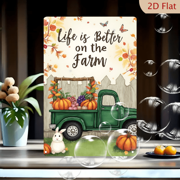 1pc Metal Wall Sign, 8x12 Inches, Vintage Green Truck with Pumpkins and Harvest Decor, "Life is Better on the Farm" Inspirational Quote, Perfect for Fall, Thanksgiving, Porch, Home,
