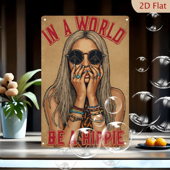 1pc Metal Wall Sign, 8x12 Inches, Vintage Hippie Girl Art with Peace Sign Sunglasses, "In A World Be A Hippie" Motivational Quote, Retro 60s 70s Bohemian Style Decor, Ideal for Home, Cafe, Bar