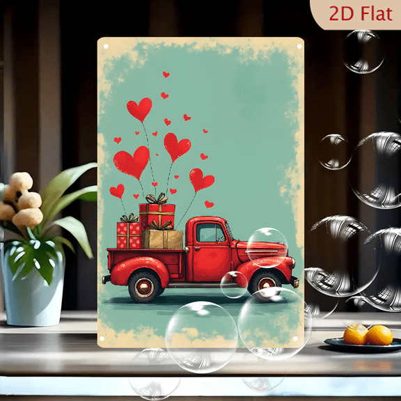 1pc Metal Wall Sign, 8x12 Inches, Vintage Red Pickup Truck with Floating Heart Balloons & Gift Boxes, Romantic Valentine's Day Wall Decor, Sweet Love Art Sign, Ideal for Home, Living Room, Bedroom