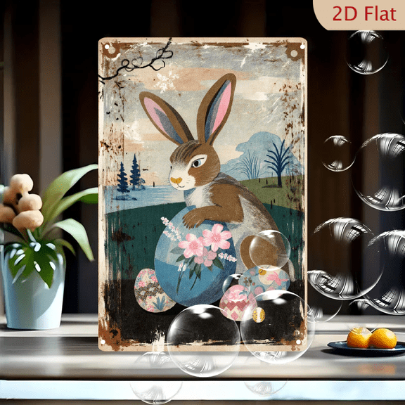 1pc Metal Wall Sign, 8x12 Inches, Vintage Rustic Easter Rabbit Holding Blue Egg Decorative Tin Plaque, Floral & Geometric Eggs, Pine Trees Landscape, Rusted Border Frame for Home, Garden,